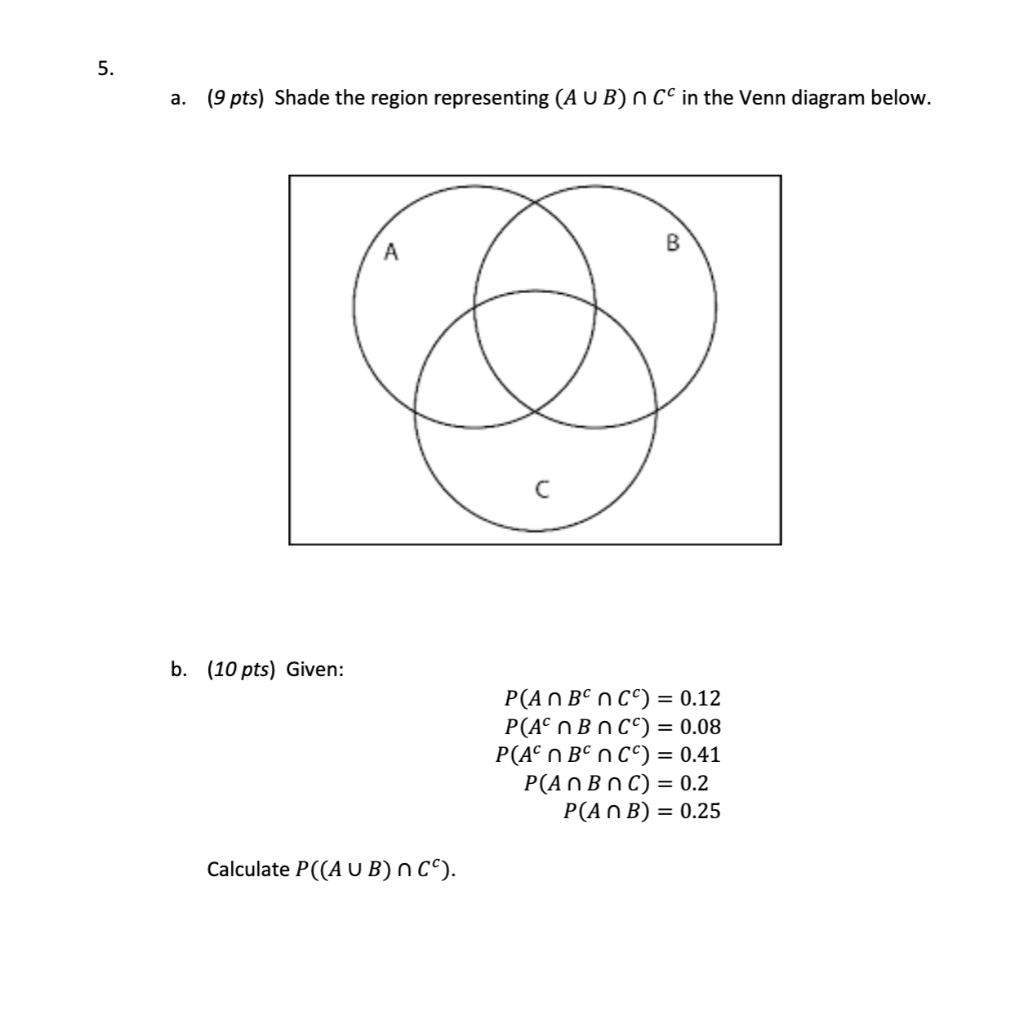 Solved 5. a. (9 pts) Shade the region representing (AUB) n C | Chegg.com