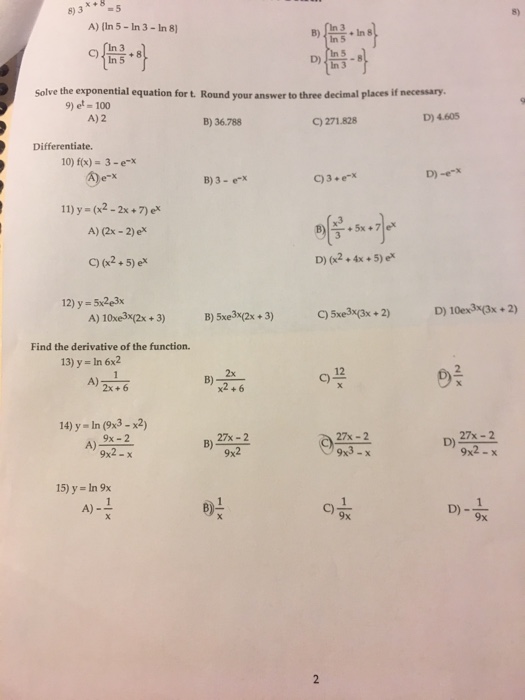 Solved 8)3X48=5 A) (In 5 - In 3-In 8) In 3 In 5 D) solve the | Chegg.com