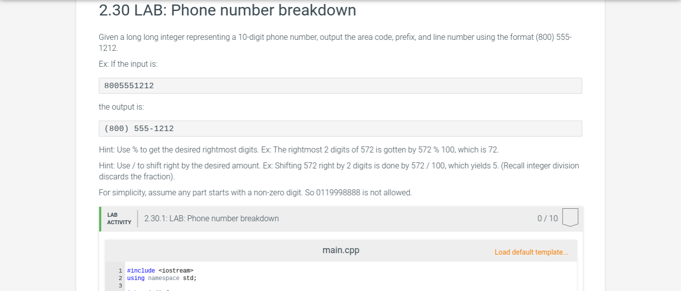 Solved: 2.30 LAB: Phone Number Breakdown Given A Long Long... | Chegg.com