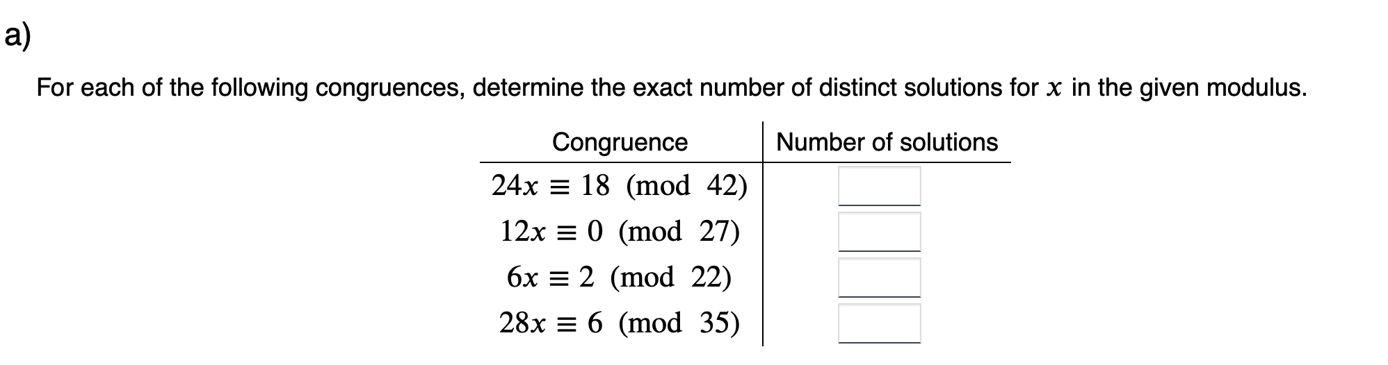 Solved For each of the following congruences, determine the | Chegg.com