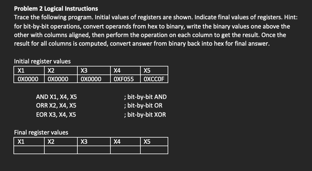 Solved Problem 2 Logical Instructions Trace the following | Chegg.com