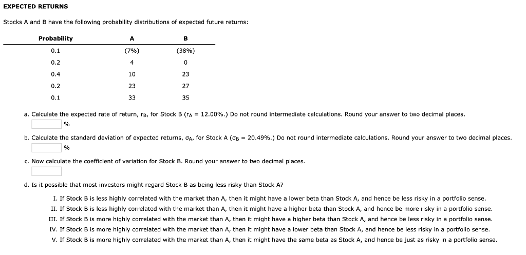 Solved EXPECTED RETURNS Stocks A And B Have The Following | Chegg.com