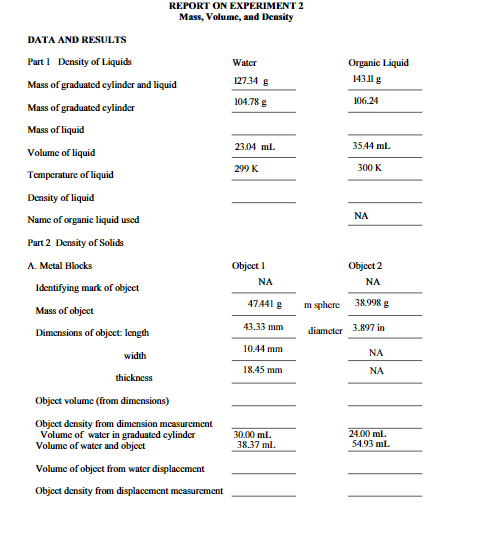 experiment 1 measurement of mass volume and density