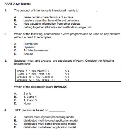 Solved PART A (24 Marks) 1. C. 2. The concept of inheritance | Chegg.com