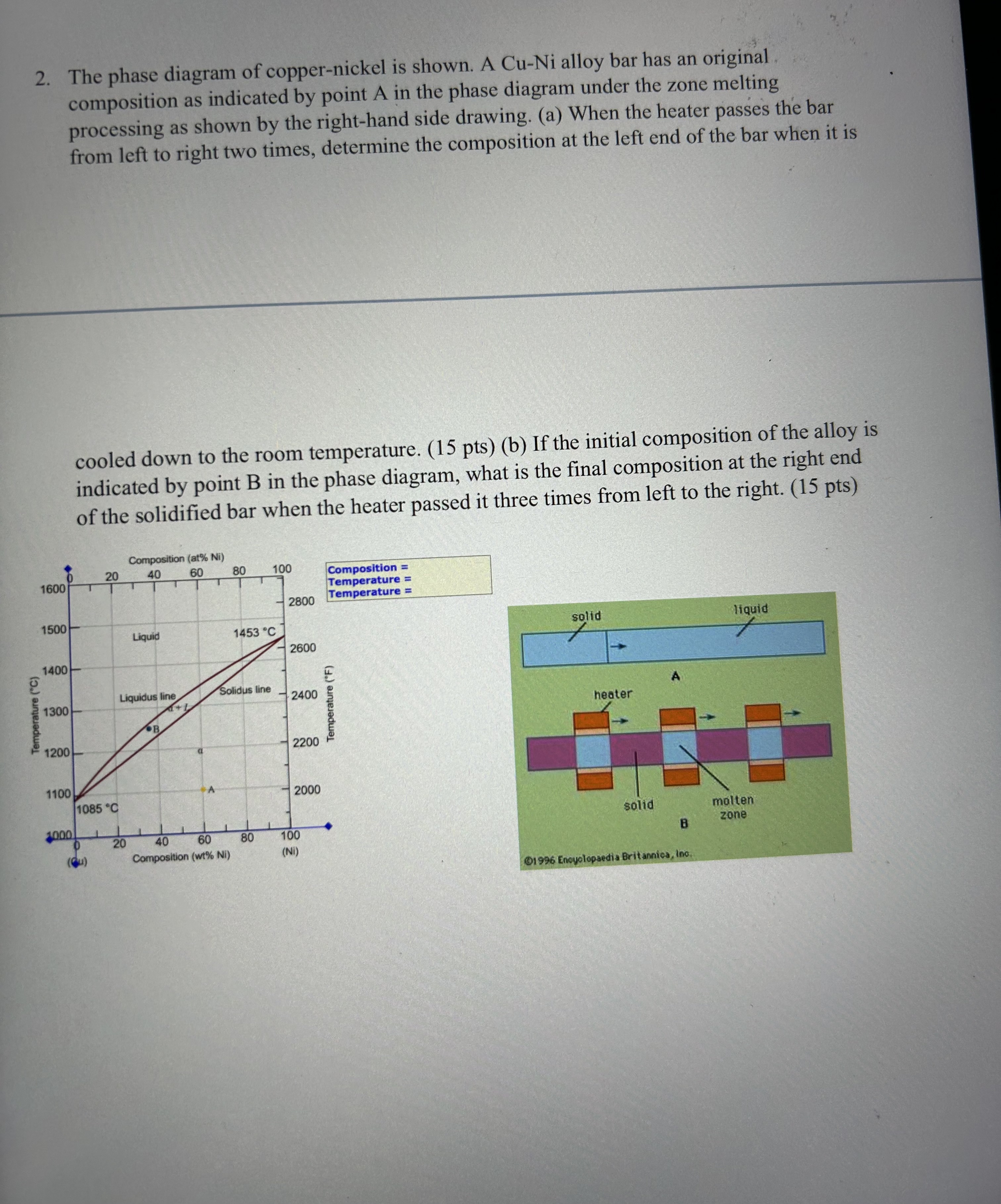 Solved The phase diagram of copper-nickel is shown. A Cu-Ni | Chegg.com