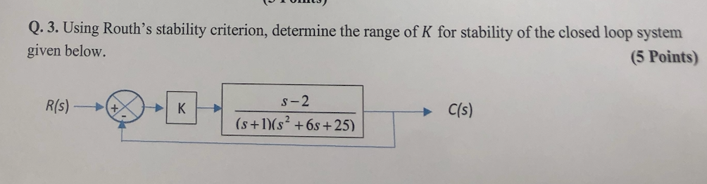 Solved Q. 3. Using Routh's stability criterion, determine | Chegg.com