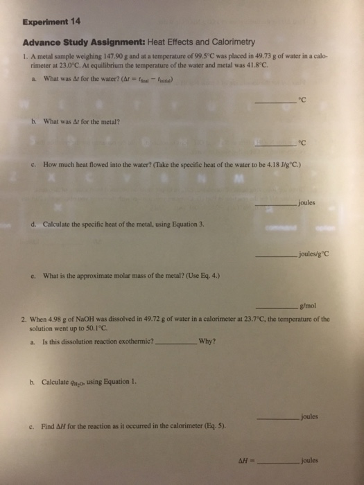 Solved Experiment 14 Advance Study Assignment Heat Effects