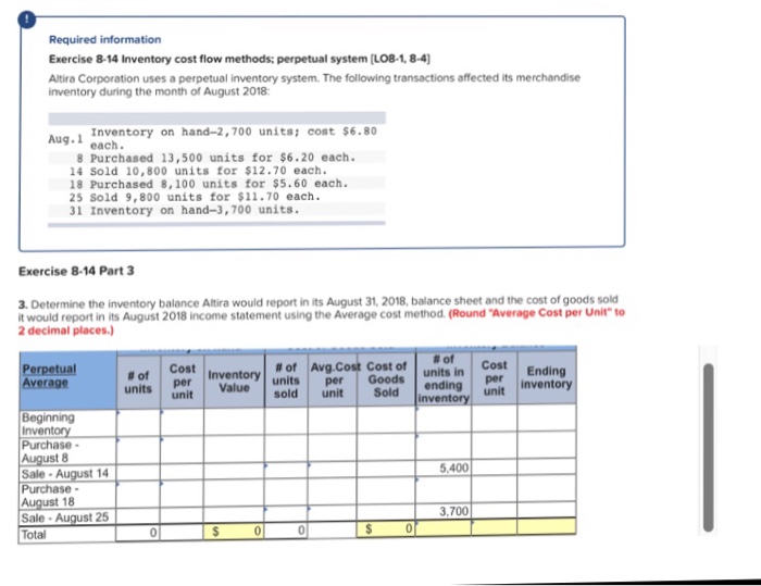 Solved Exercise 8-14 Inventory cost flow methods; perpetual | Chegg.com