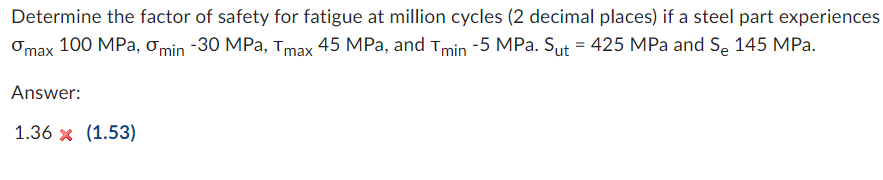 Solved Determine the factor of safety for fatigue at million | Chegg.com