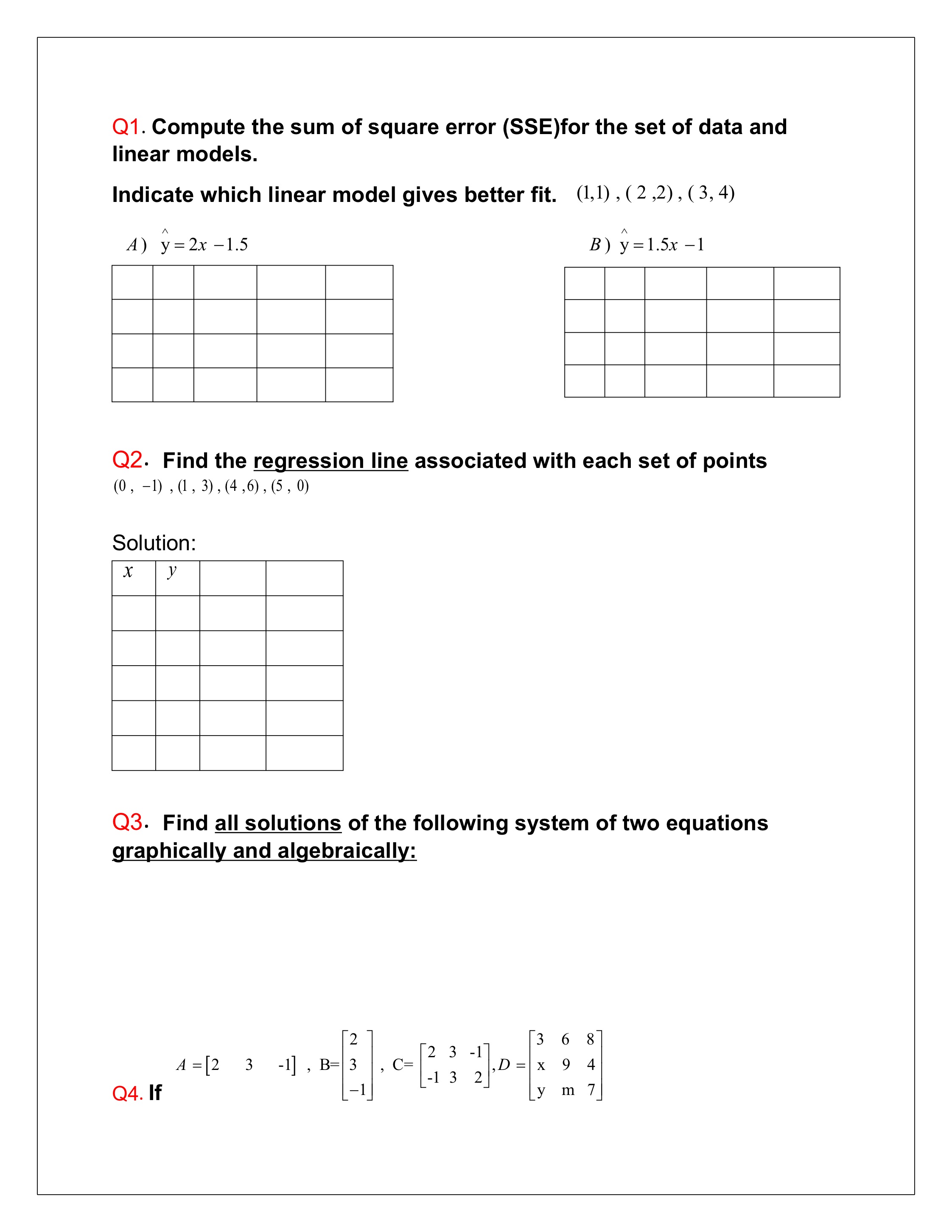Solved Q1. Compute the sum of square error (SSE)for the set | Chegg.com