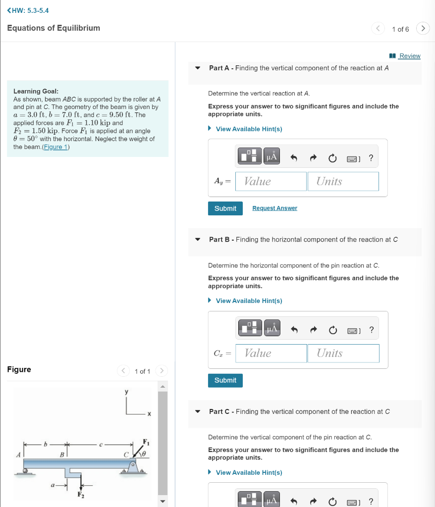 <HW: 5.3-5.4
Equations of Equilibrium
- Part B - Finding the horizontal component of the reaction at \( C \)
Determine the ho