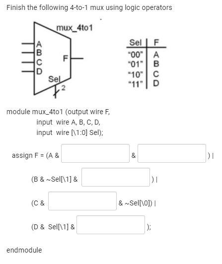 Solved Finish the following 4-to-1 mux using logic operators | Chegg.com