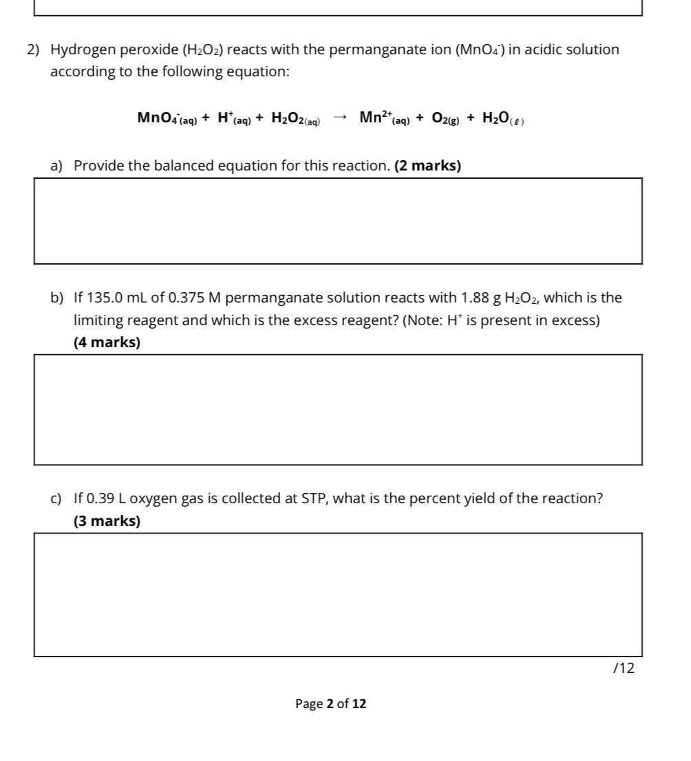 Solved 2) Hydrogen peroxide (H2O2) reacts with the | Chegg.com