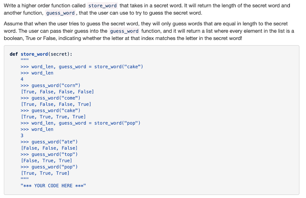 Solved Write a higher order function called store_word that | Chegg.com