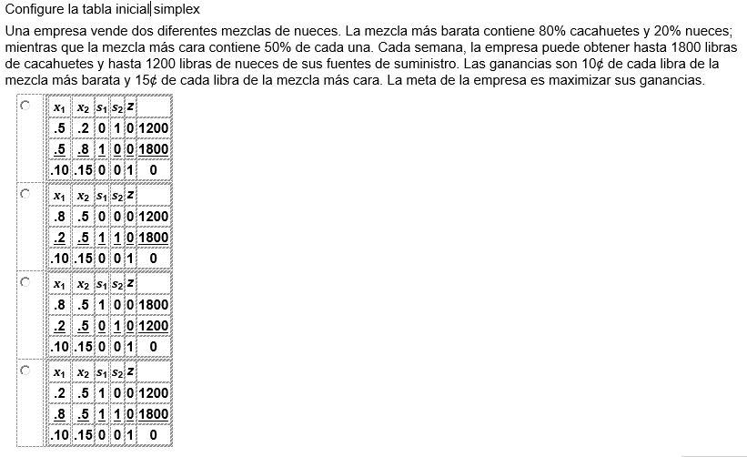 Configure la tabla inicial simplex Una empresa vende dos diferentes mezclas de nueces. La mezcla más barata contiene 80% caca