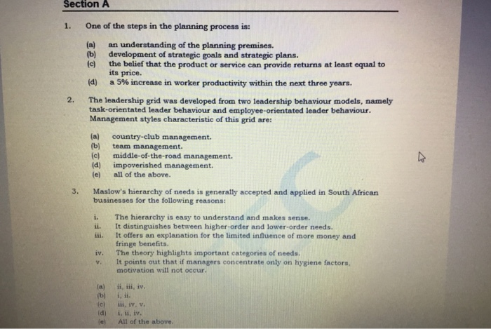 Solved Section A 1. One of the steps in the planning process | Chegg.com