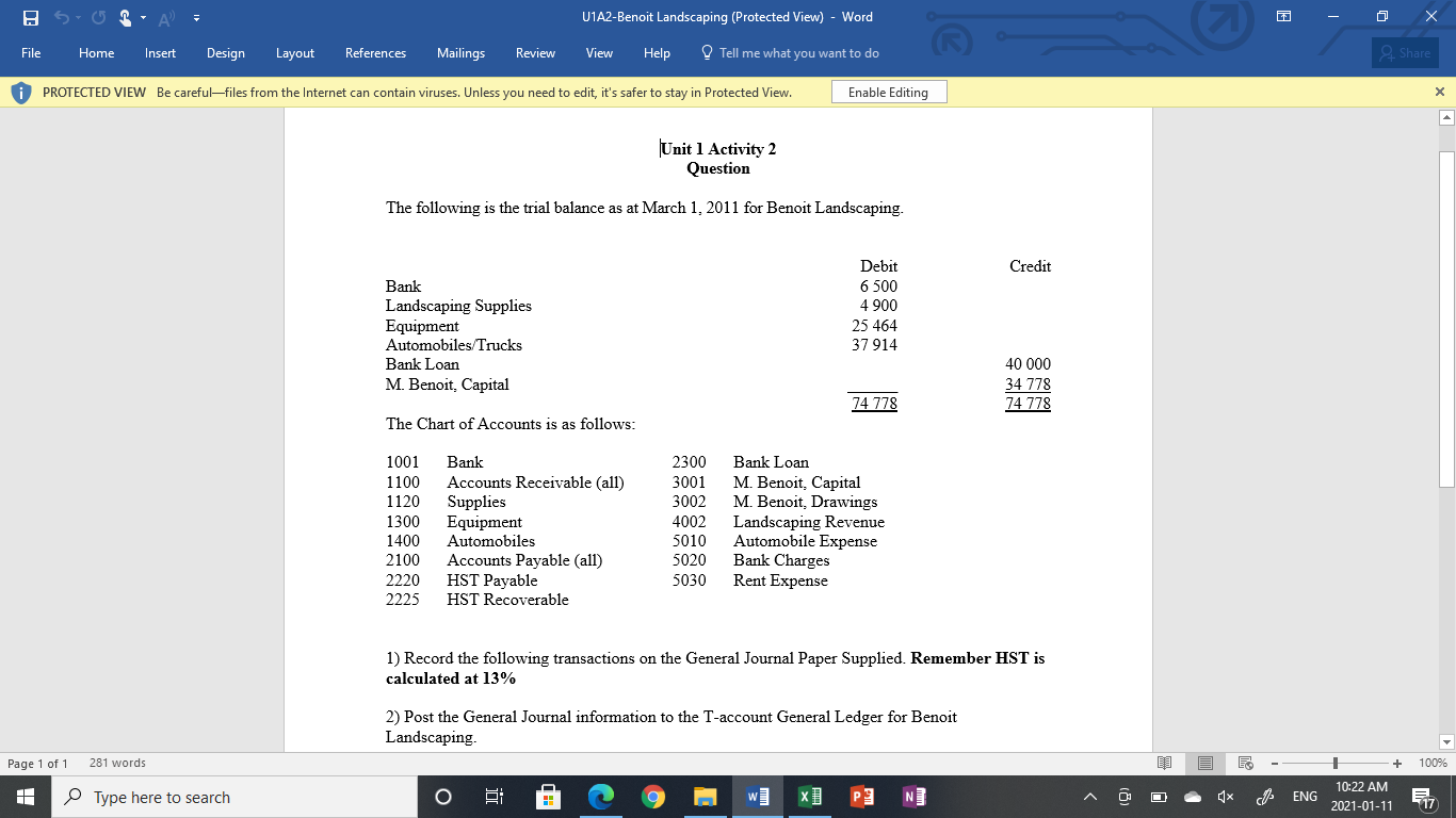 Solved U1A2Benoit Landscaping (Protected View) Word X