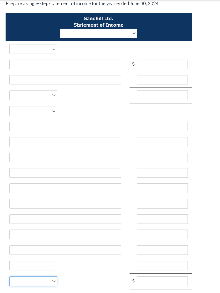 Solved Prepare a single-step statement of income for the | Chegg.com