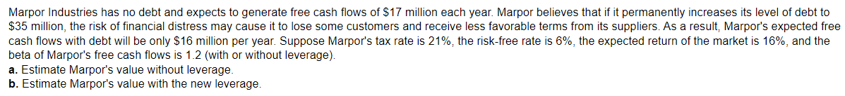 Solved Marpor Industries has no debt and expects to generate | Chegg.com