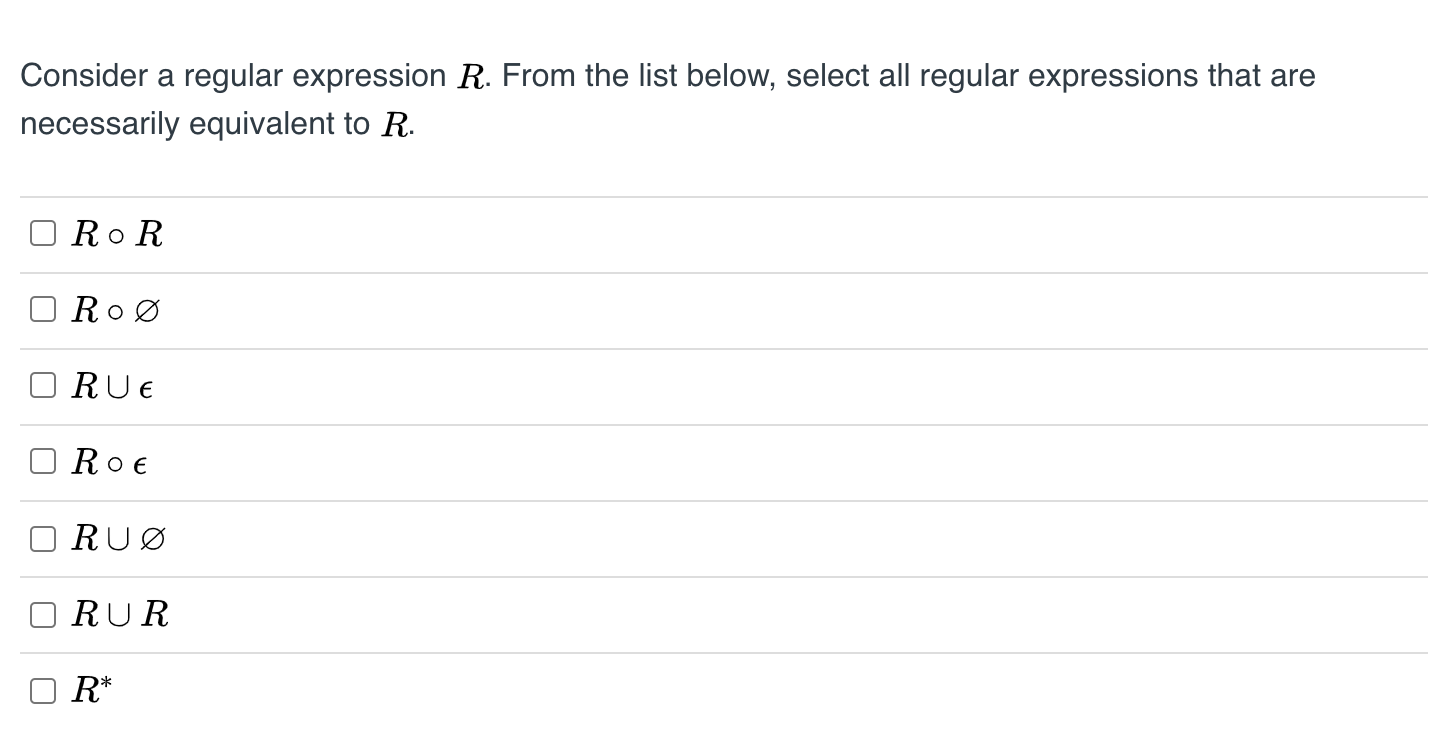 Solved Consider a regular expression R. From the list below, | Chegg.com