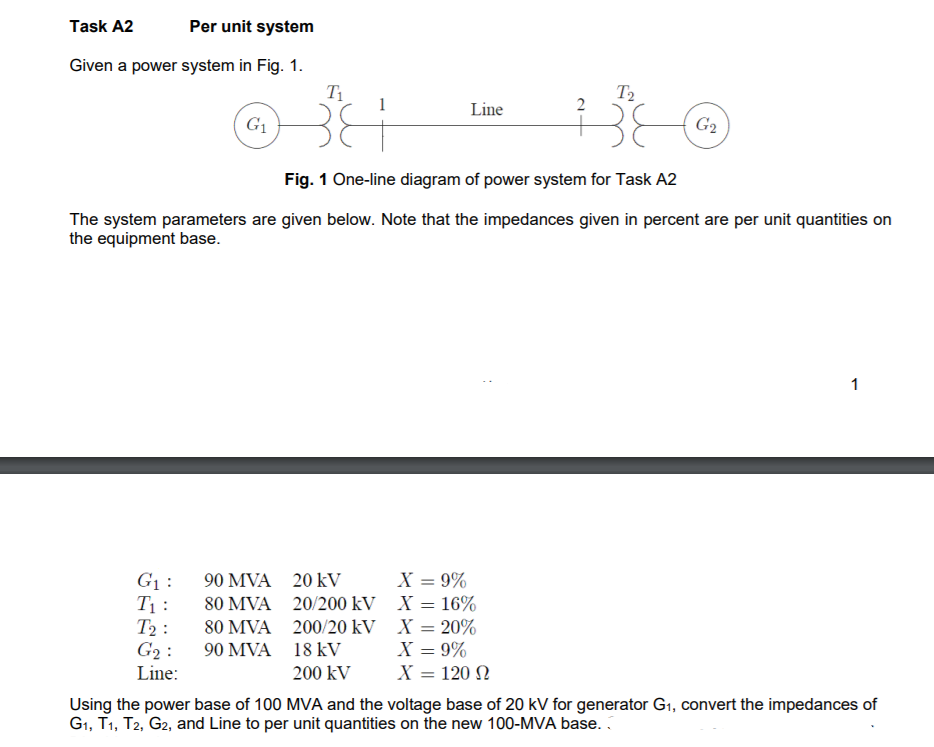 Solved Task A2 Per unit system Given a power system in Fig. | Chegg.com