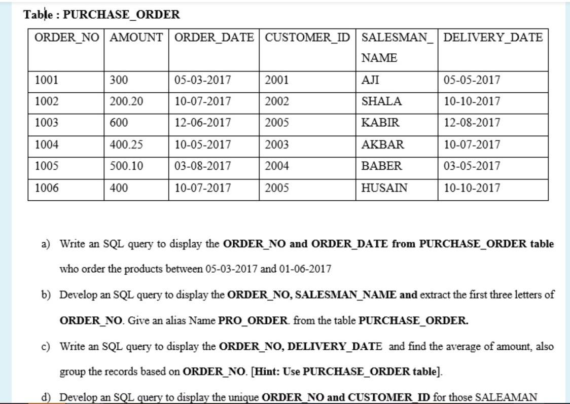 Solved Table PURCHASE ORDER ORDER_NO AMOUNT ORDER_DATE