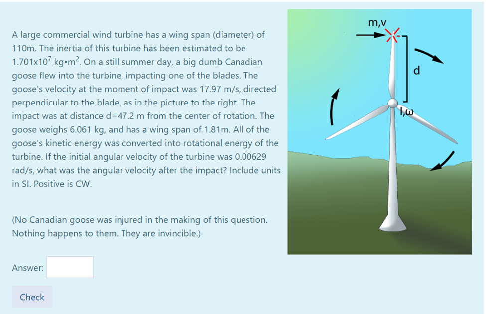 Solved m,v A large commercial wind turbine has a wing span | Chegg.com