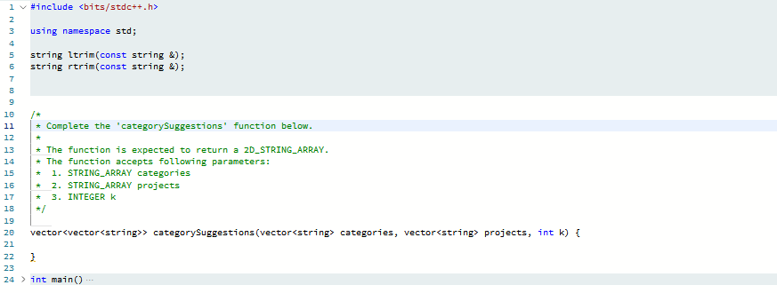 i v #include <bits/stdc++.h> 3 using namespace std; string ltrim(const string 2); string rtrim(const string 2); * Complete th