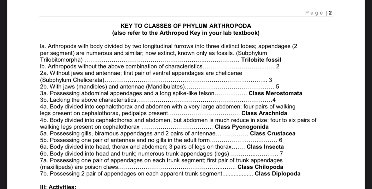 Solved Using one of your Arthropod specimens, indicate each | Chegg.com