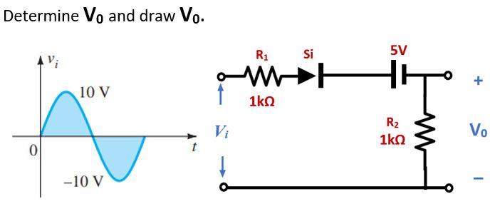 Determine Vo and draw Vo. Ri Si 5V WI + 10 V 1ko R2 Vi } Vo 1kΩ 0 -10 V -