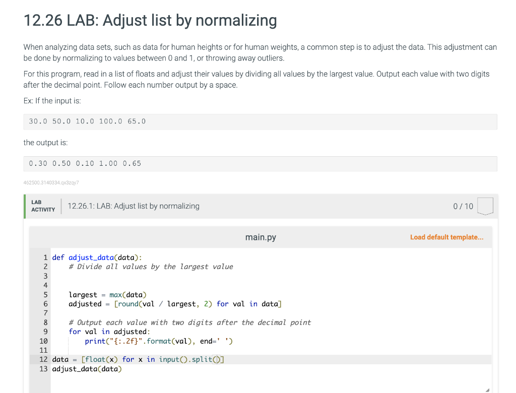 Solved 12.26LAB: Adjust list by normalizing When analyzing | Chegg.com