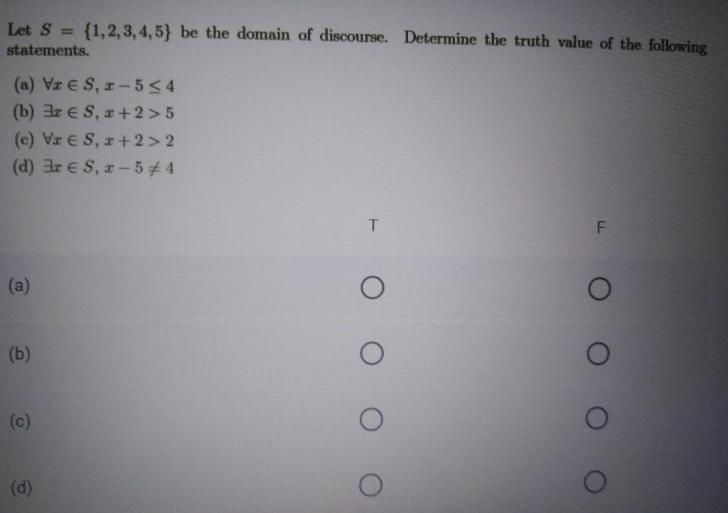 Solved Let S = {1,2,3,4,5} be the domain of discourse. | Chegg.com