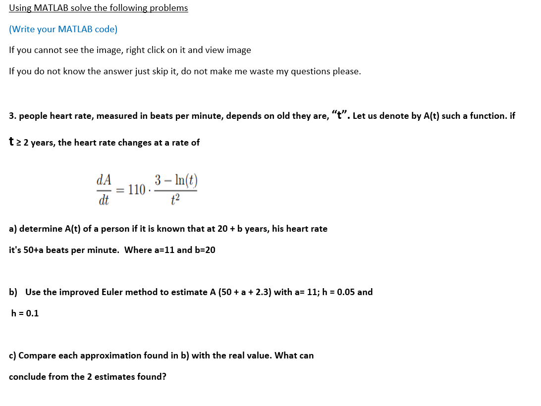 Solved Using MATLAB Solve The Following Problems (Write Your | Chegg.com