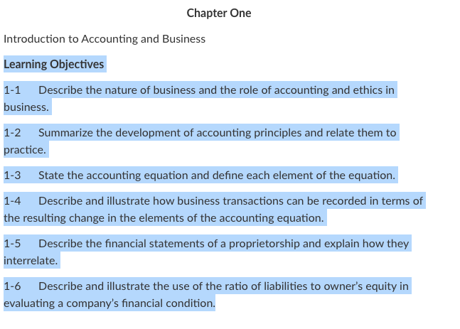 Solved Chapter One Introduction to Accounting and Business | Chegg.com