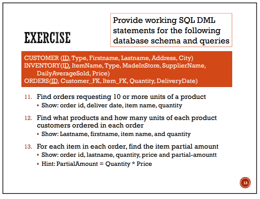 Solved EXERCISE Provide working SQL DML statements for the | Chegg.com