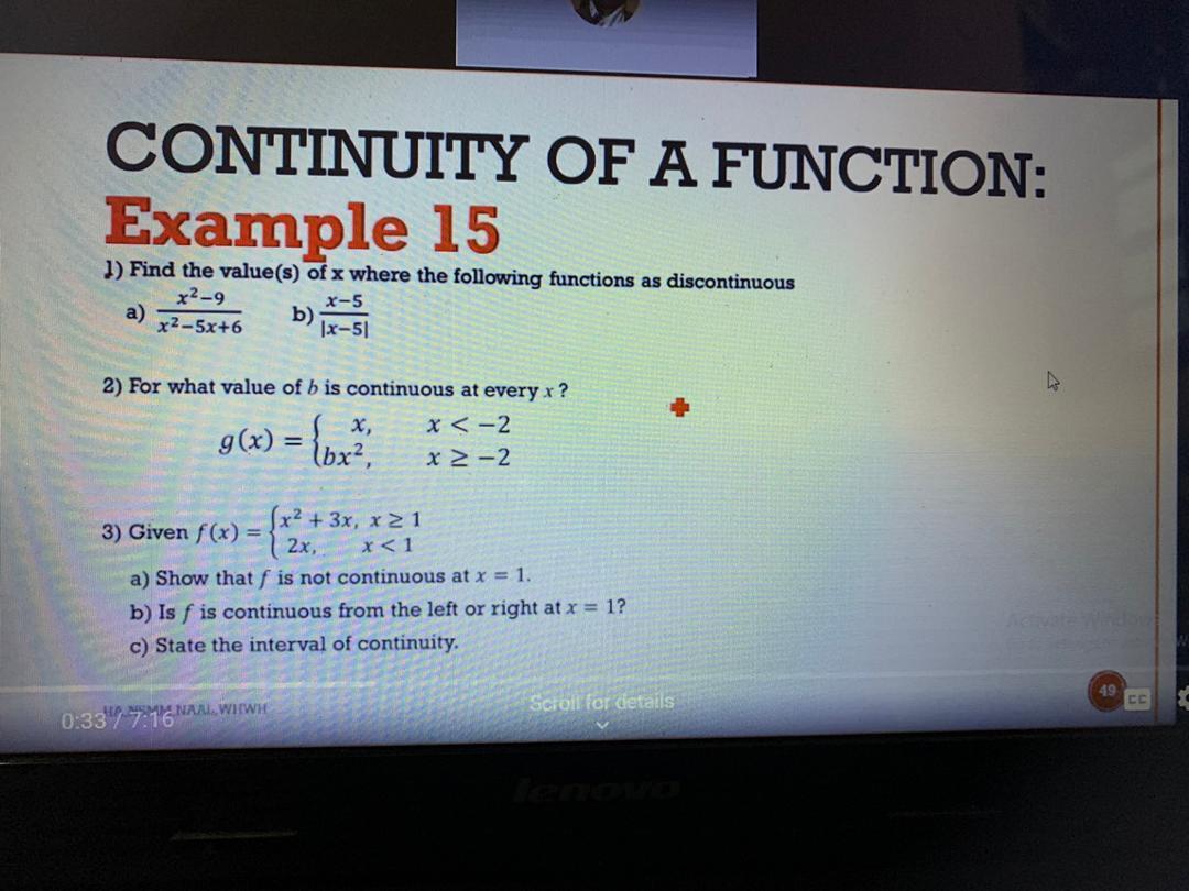 Solved CONTINUITY OF A FUNCTION: Example 15 1) Find the | Chegg.com