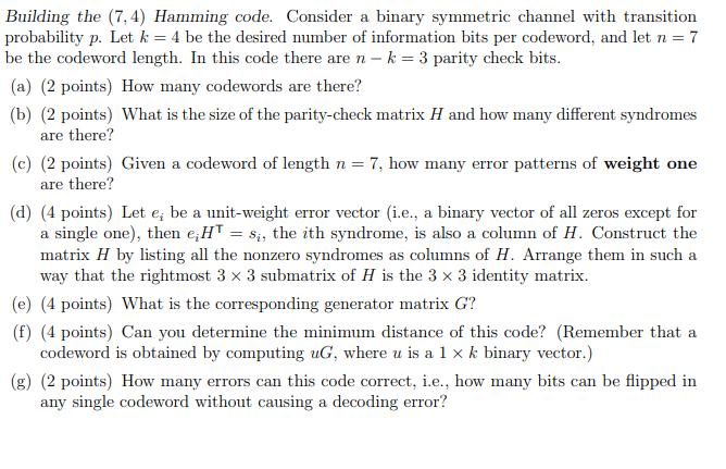Building the (7,4) Hamming code. Consider a binary | Chegg.com