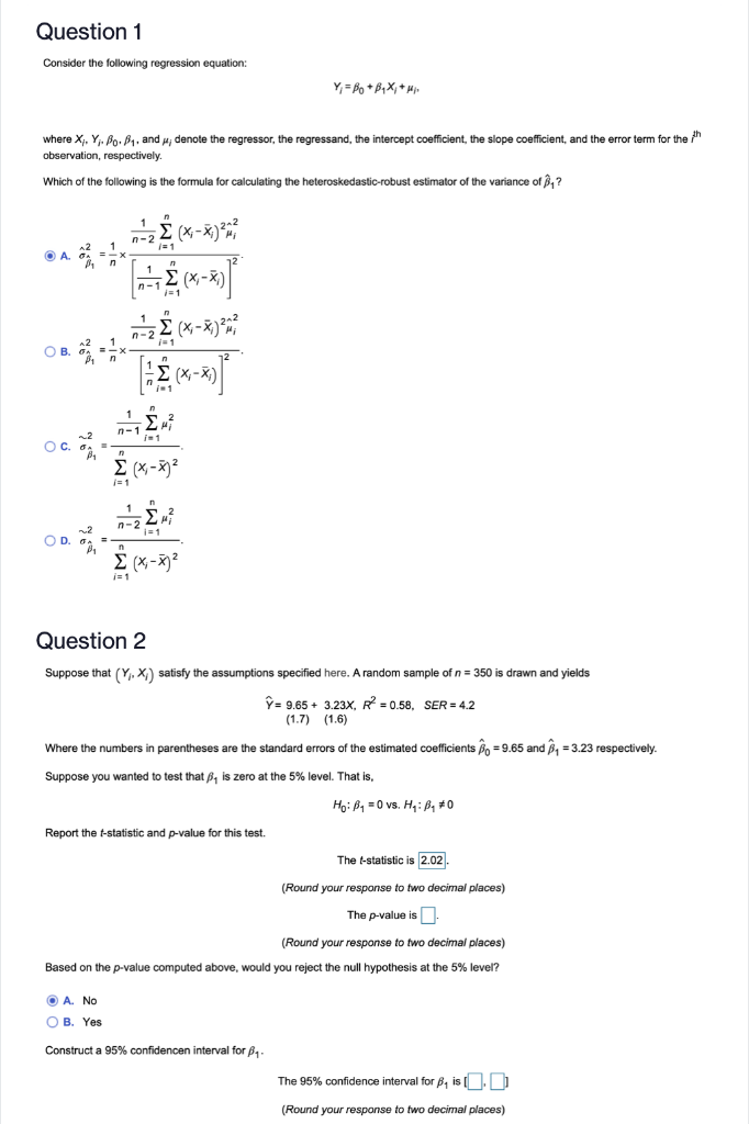 Solved Question 1 Consider The Following Regression Equat Chegg Com