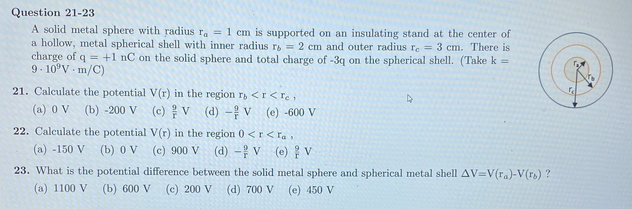 Solved A solid metal sphere with radius ra=1 cm is supported