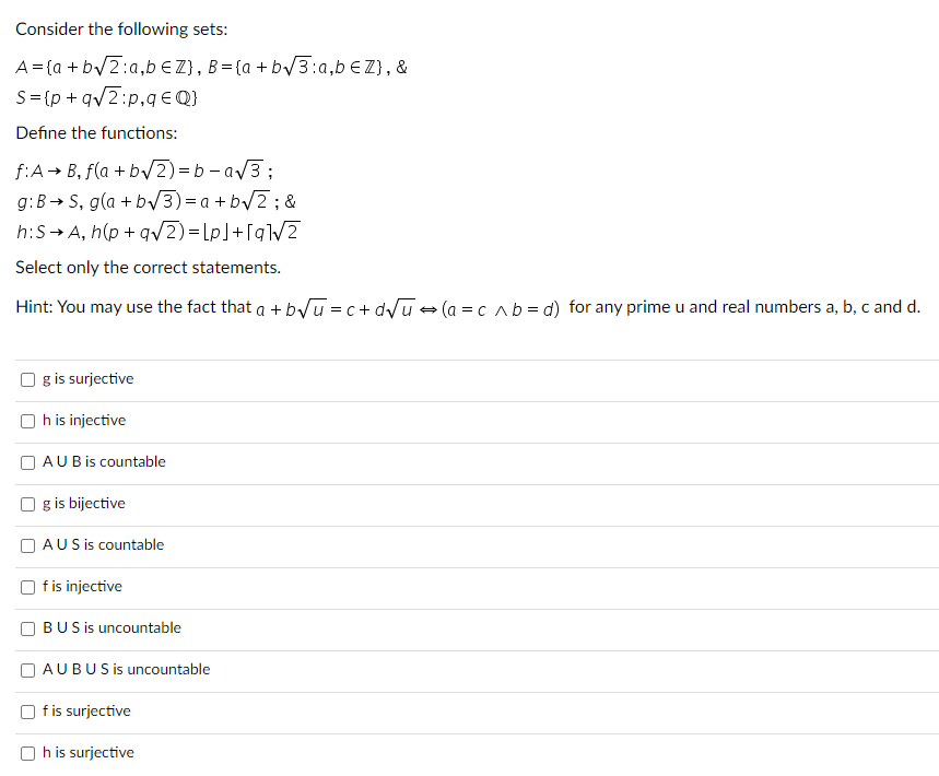 Solved Consider The Following Sets: A = {a+b√2:a,b € Z}, B = | Chegg.com