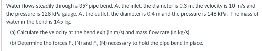 Solved Water flows steadily through a 35° pipe bend. At the | Chegg.com