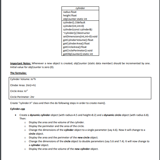 Solved cylinder radius:float height:float objCounter-static | Chegg.com