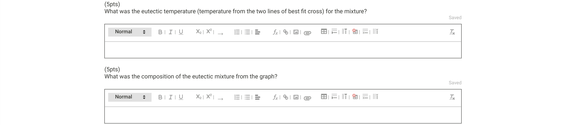 (5pts)
What was the eutectic temperature (temperature from the two lines of best fit cross) for the mixture?