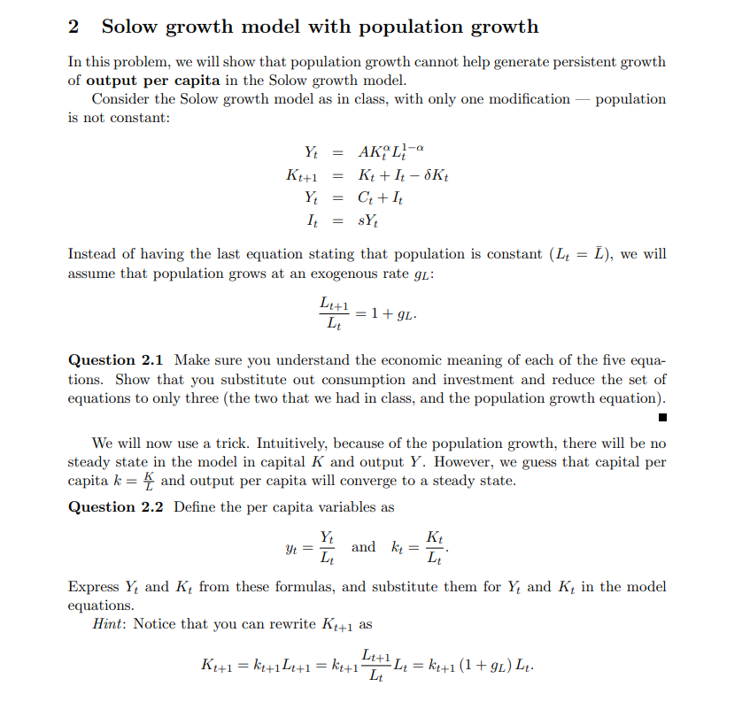 Solved -a = Solow growth model with population growth In | Chegg.com