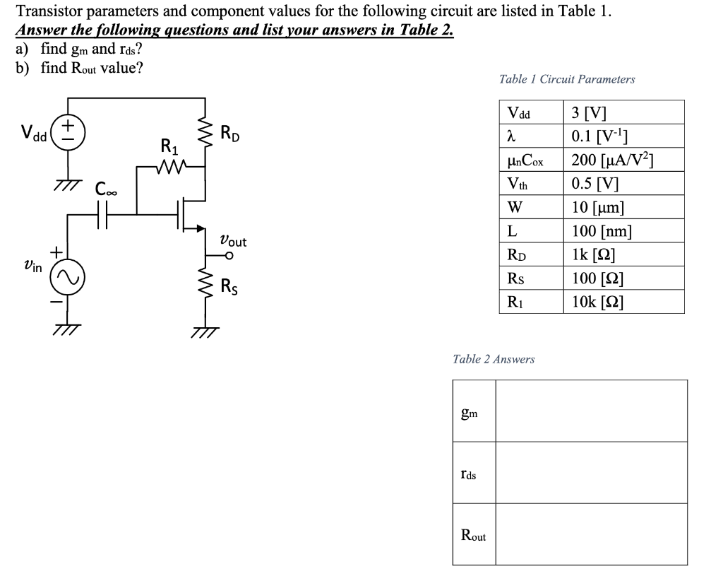 Solved Transistor parameters and component values for the | Chegg.com