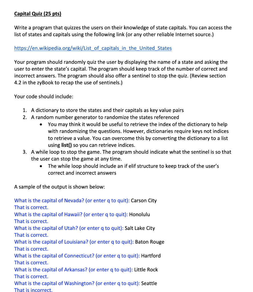 Capital Quiz (25 pts) Write a program that quizzes | Chegg.com