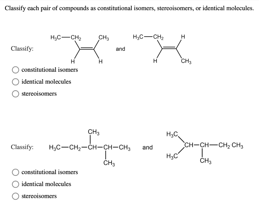 Solved Classify each pair of compounds as constitutional | Chegg.com