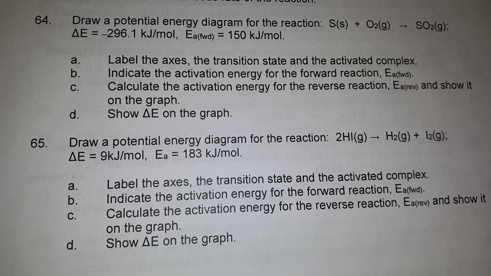 Solved 64. Draw a potential energy diagram for the reaction: | Chegg.com