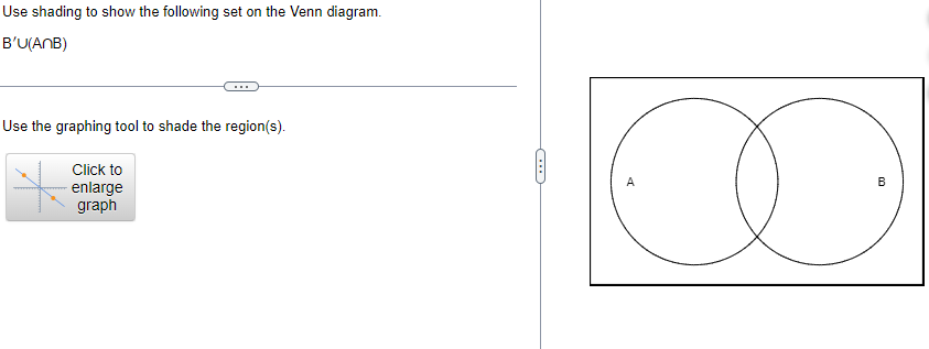 Use shading to show the following set on the Venn diagram.
BU(ANB)
Use the graphing tool to shade the region(s).
Click to
en