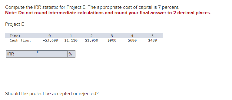 Solved Compute the IRR statistic for Project E. The | Chegg.com